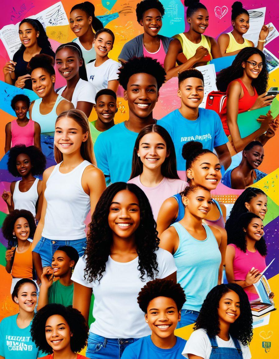 A vibrant and energetic collage showcasing diverse teens engaging in various lifestyle activities such as exercising, studying with friends, and exploring creative hobbies. The background should feature motivational quotes and colorful icons representing health, education, and creativity, creating a sense of empowerment. Emphasize inclusivity by depicting teens of different backgrounds and styles. Bright colors, dynamic composition, and a lively atmosphere should highlight the theme of positivity and growth. super-realistic. vibrant colors. dynamic layout.