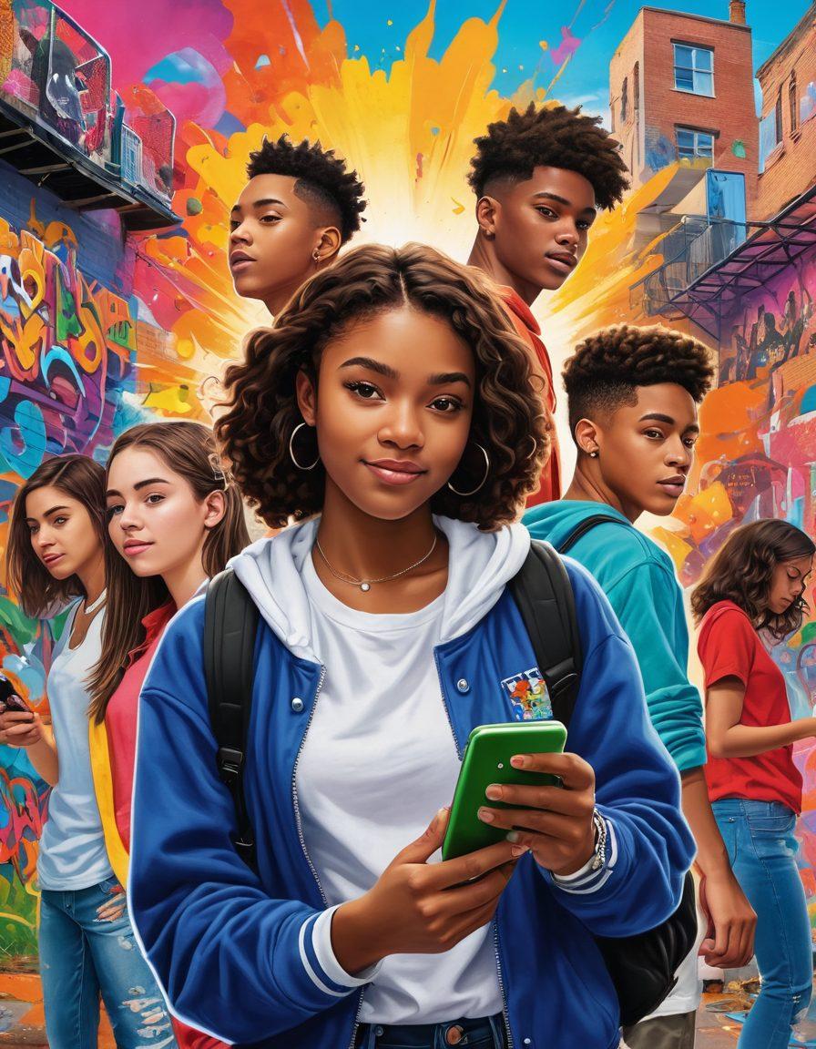A vibrant collage depicting various modern teen experiences, including social media interactions, fashion trends, and digital communication. Incorporate diverse teens engaged in activities like gaming, photo sharing, and outdoor adventures, with colorful icons representing trending apps and social platforms around them. A lively urban background with graffiti art and bright colors to reflect youth culture. super-realistic. vibrant colors. high-energy atmosphere.